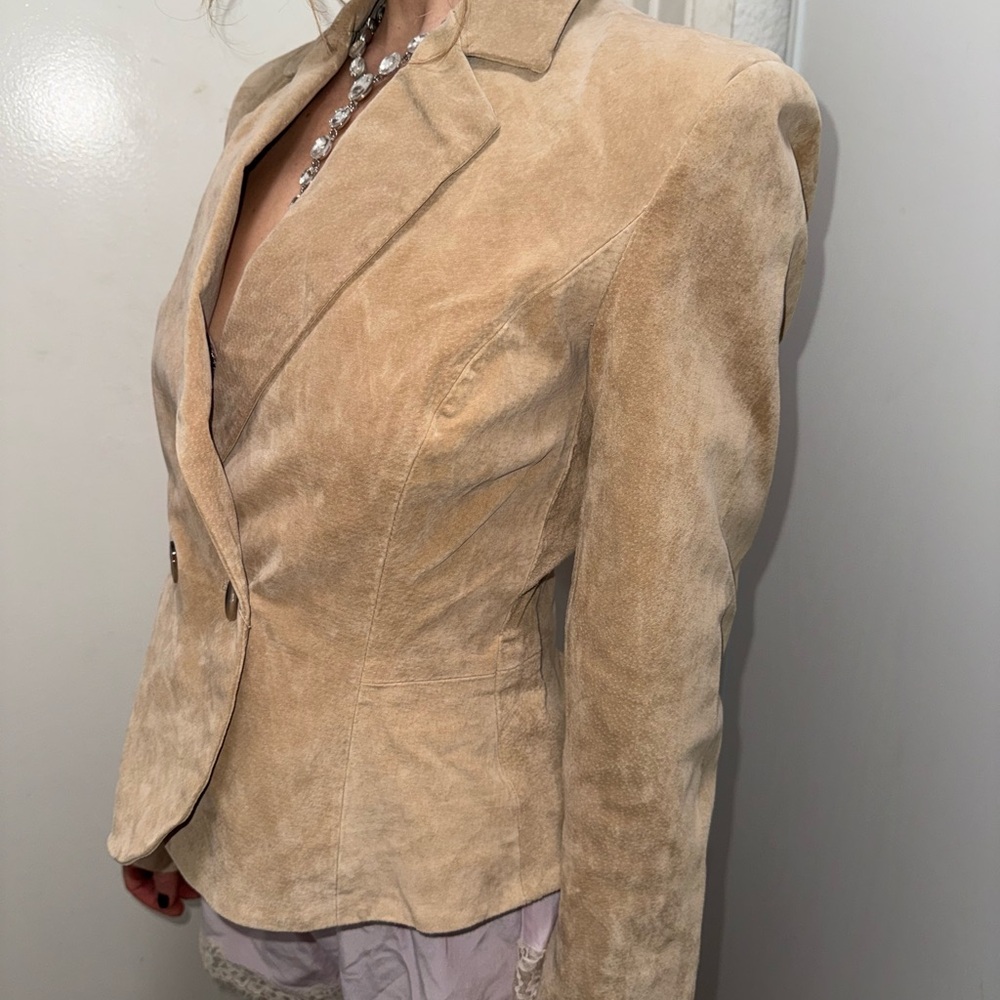 Suede Double-Breasted Tan Women's Blazer Jacket Zara Leather Collection - Picture 2 of 7